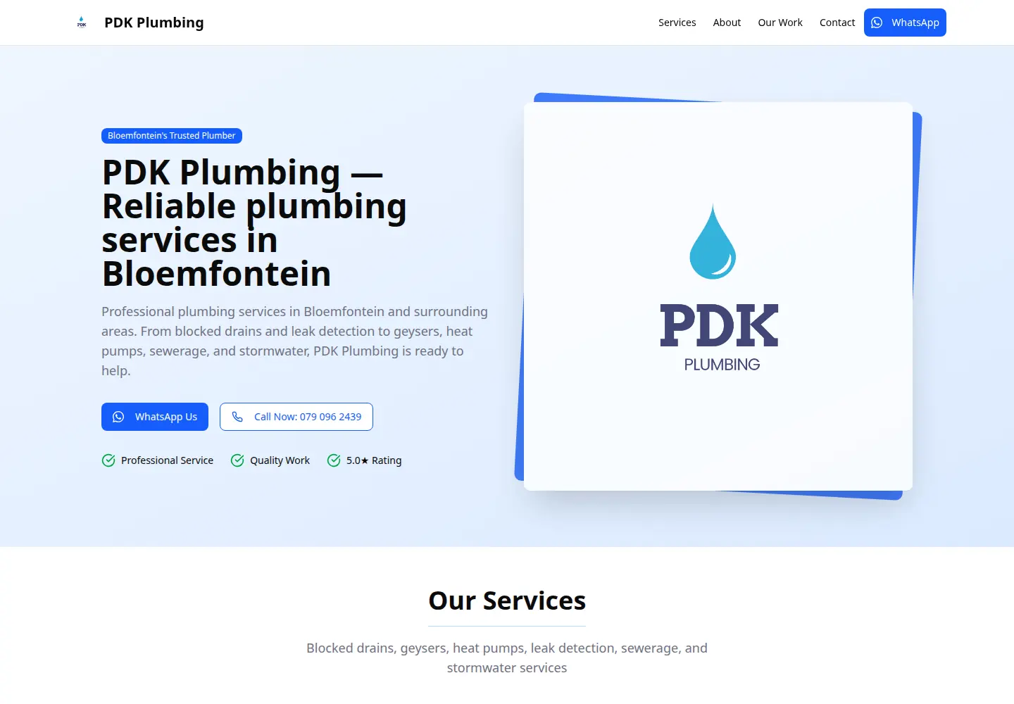 Homepage screenshot preview of the PDK Plumbing website concept.