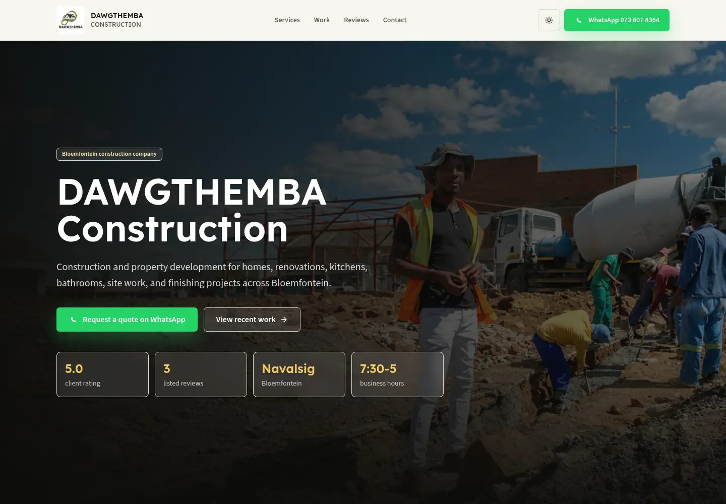 Homepage screenshot preview of the Themba Construction website concept.